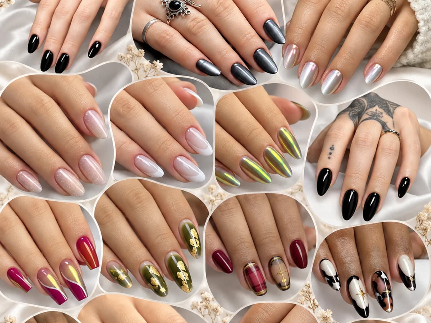 Composição de diferentes estilos de nail art, com unhas clássicas, francesinhas, cromadas e decoradas.